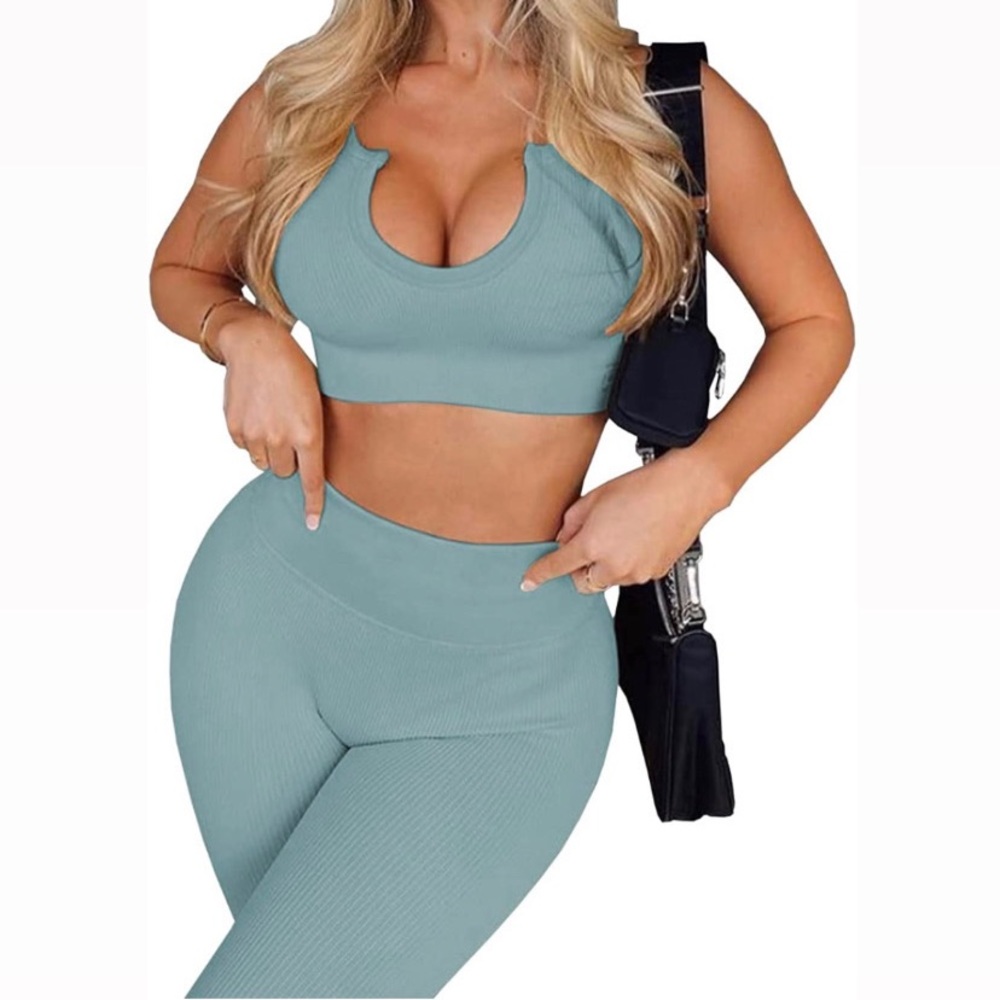 2 Piece Workout Outfits Seamless High Waist Leggings Stretch Yoga Activewear Set